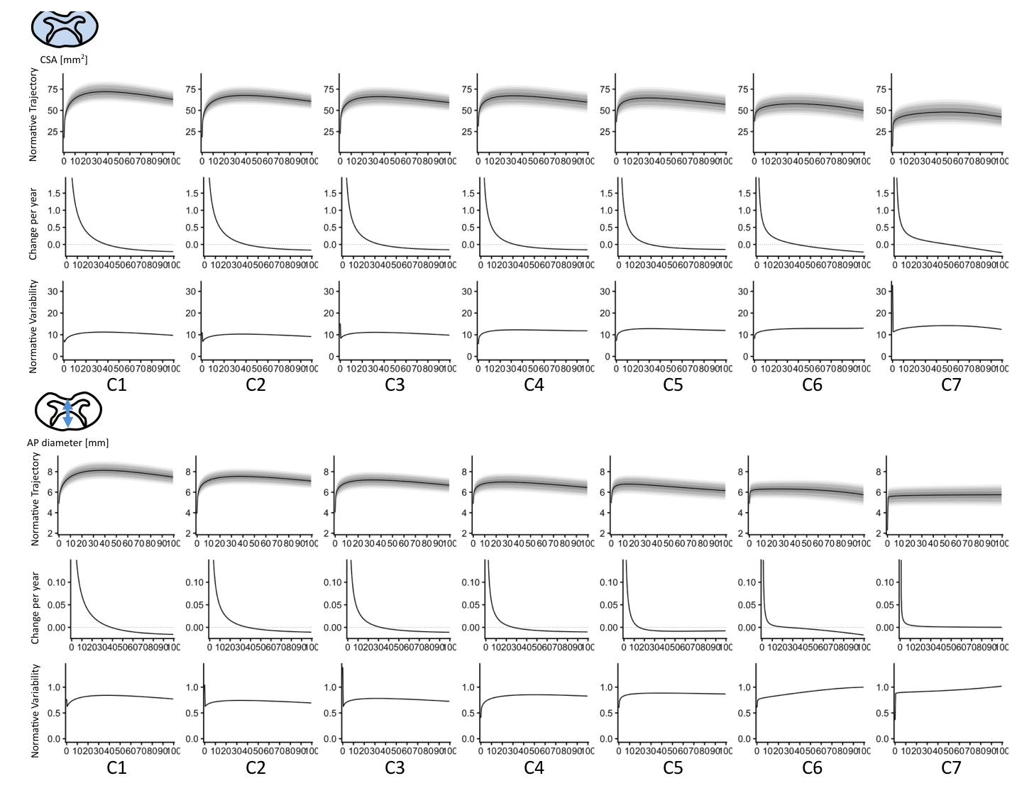Lifespan trajectories, rates of change, and population variability in cervical spinal cord morphometry.